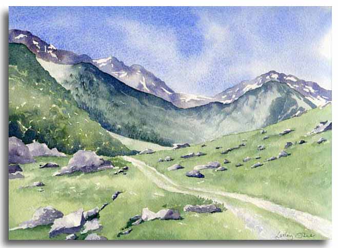 Aquarelle de la vallee d'Orlu, ralise par l'artiste Lesley Olver