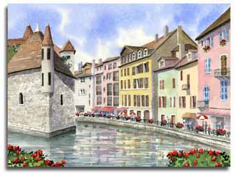 Original watercolour painting of Annecy, France, by artist Lesley Olver