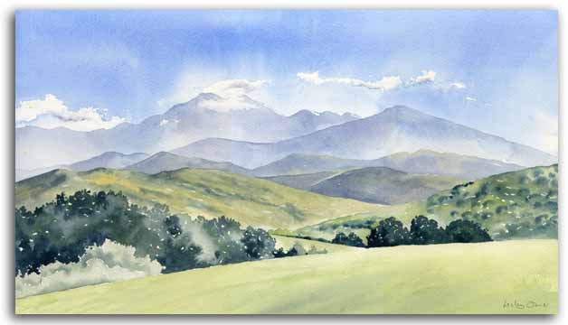 Print of watercolour painting of the Ariege, by artist Lesley Olver