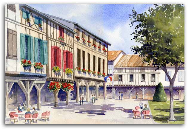 Print of watercolour painting of Mirepoix, by artist Lesley Olver