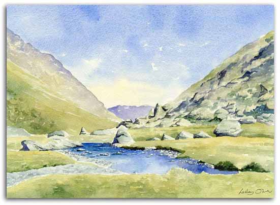 Print of watercolour painting of the Soulcem Valley, Ariege, by artist Lesley Olver