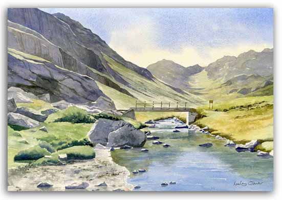 Print of watercolour painting of the Soulcem Valley, Ariege, by artist Lesley Olver