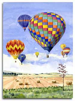 Print of watercolour painting of hot air balloons by artist Lesley Olver