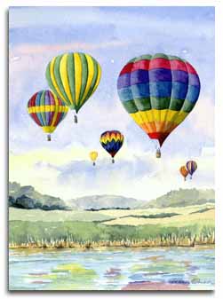 Reproduction d'une aquarelle d'un vol de montgolfieres, ralise par l'artiste Lesley Olver