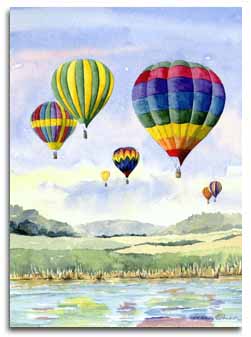 Print of watercolour painting of hot air balloons by artist Lesley Olver