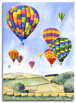 Reproduction d'une aquarelle d'un vol de montgolfieres, ralise par l'artiste Lesley Olver