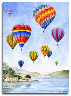 Reproduction d'une aquarelle d'un vol de montgolfieres, ralise par l'artiste Lesley Olver