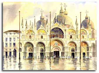 Print of watercolour painting of St Marks Basilica, by artist Lesley Olver