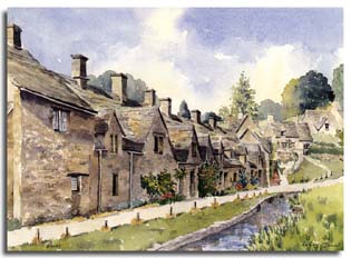 Print of watercolour painting of Bibury, by artist Lesley Olver