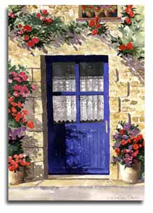 Reproduction d'une aquarelle d'une porte bleu, ralise par l'artiste Lesley Olver