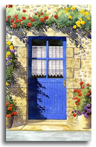 Aquarelle d'une porte bleue, ralise par l'artiste Lesley Olver