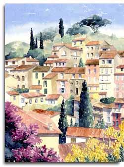 Reproduction d'une aquarelle de Bormes les Mimosas, ralise par l'artiste Lesley Olver