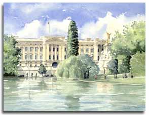 Print of watercolour painting of Buckingham Palace, by artist Lesley Olver