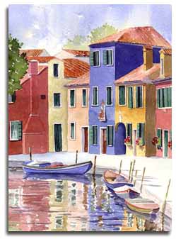 Reproduction d'une aquarelle de Burano, ralise par l'artiste Lesley Olver