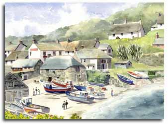 Print of watercolour painting of Cadgwith, by artist Lesley Olver