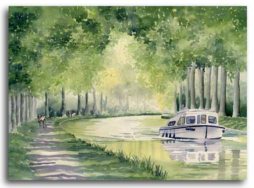 Original watercolour painting of the Canal du Midi by artist Lesley Olver