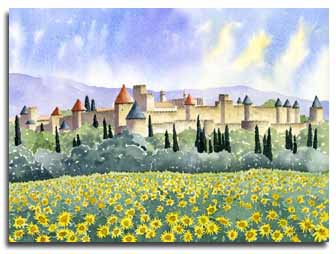 Print of watercolour painting of Carcassonne, France, by artist Lesley Olver