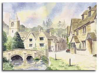 Print of watercolour painting of Castle Combe, by artist Lesley Olver