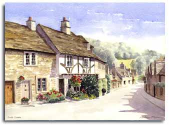 Print of watercolour painting of Castle Combe, by artist Lesley Olver