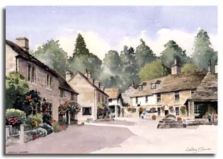 Print of watercolour painting of Castle Combe, by artist Lesley Olver