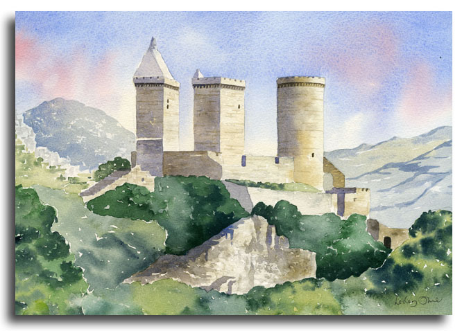 Original watercolour painting of Foix castle by artist Lesley Olver