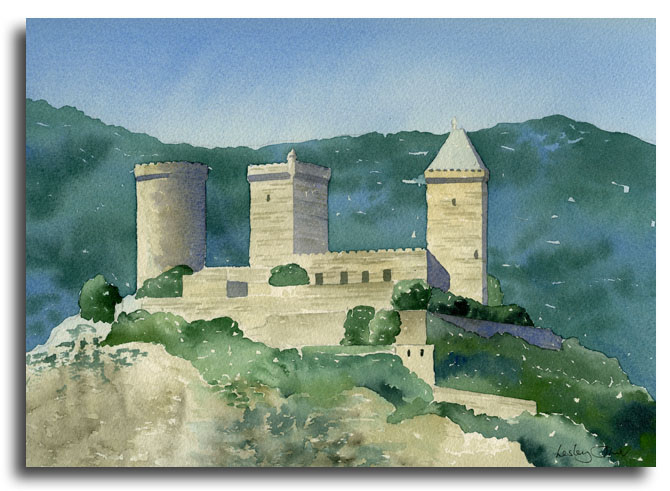 Aquarelle du chateau de Foix, ralise par l'artiste Lesley Olver