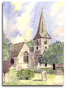 Original watercolour painting of Cobham Church, by artist Lesley Olver