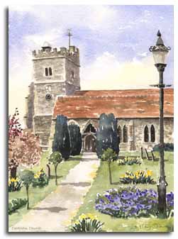 Print of watercolour painting of Cookham Church, by artist Lesley Olver