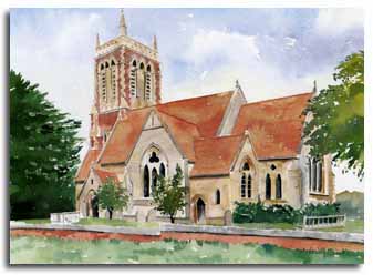 Print of watercolour painting of Easthampstead Church, by artist Lesley Olver