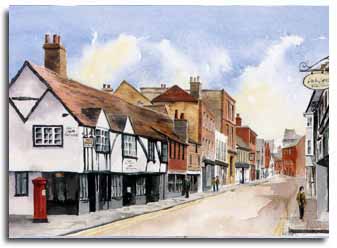 Print of watercolour painting of Eton High Street, by artist Lesley Olver