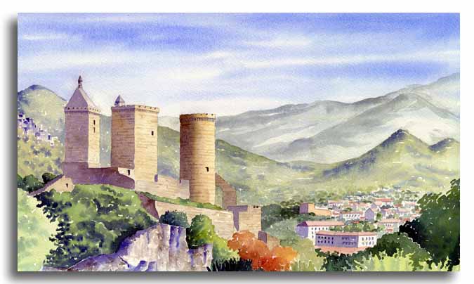 Aquarelle du chateau de Foix, ralise par l'artiste Lesley Olver