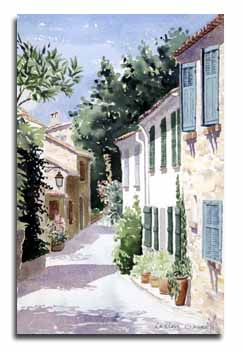 Print of watercolour painting of Gassin village, France, by artist Lesley Olver