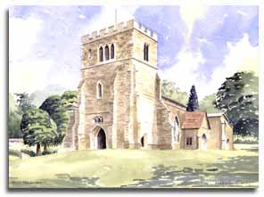 Print of watercolour painting of Great Missenden Church, by artist Lesley Olver