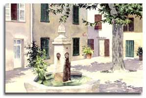 Reproduction d'une aquarelle de Grimaud, ralise par l'artiste Lesley Olver