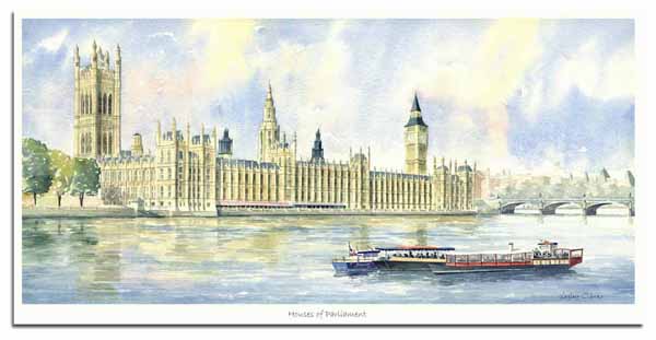 Limited Edition Print of watercolour painting of The Houses of Parliament, by artist Lesley Olver