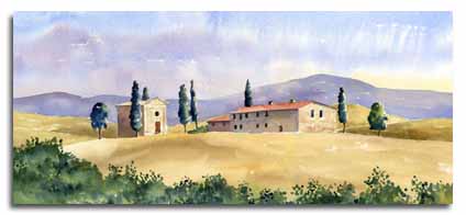 Print of watercolour painting of Tuscany, by artist Lesley Olver