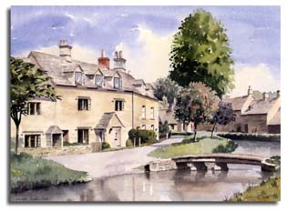 Print of watercolour painting of Lower Slaughter, by artist Lesley Olver