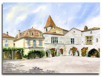 Print of watercolour painting of Monpazier, by artist Lesley Olver