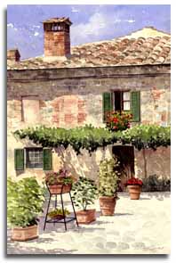 Print of watercolour painting of Montereggioni, by artist Lesley Olver