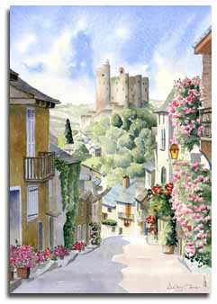 Watercolour print of Najac by artist Lesley Olver