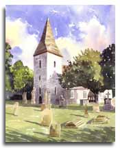 Print of watercolour painting of Old Windsor Church, by artist Lesley Olver