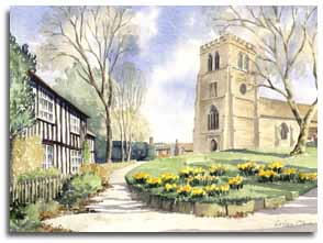 Original watercolour of Old Hatfield Church, by artist Lesley Olver