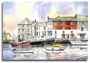 Print of watercolour painting of Padstow, by artist Lesley Olver