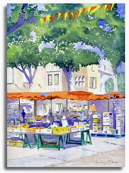 Original watercolour painting of Pamiers market, by artist Lesley Olver