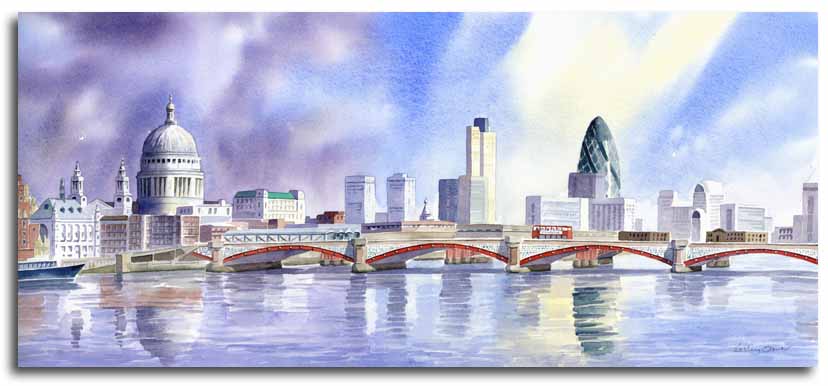 Original watercolour painting of St. Pauls cathedral and the Gherkin by artist Lesley Olver