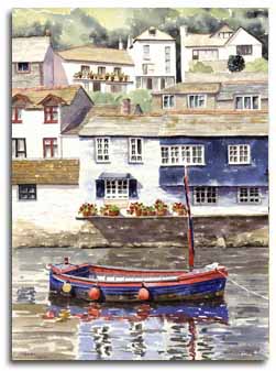 Print of watercolour painting of Polperro, by artist Lesley Olver