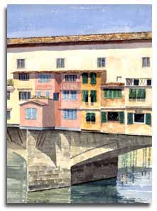 Print of watercolour painting of The Ponte Vecchio, Florence, by artist Lesley Olver