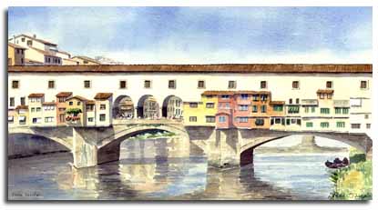 Reproduction d'une aquarelle du Ponte Vecchio, ralise par l'artiste Lesley Olver