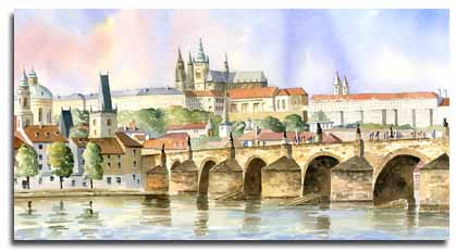 Print of watercolour painting of Prague, by artist Lesley Olver