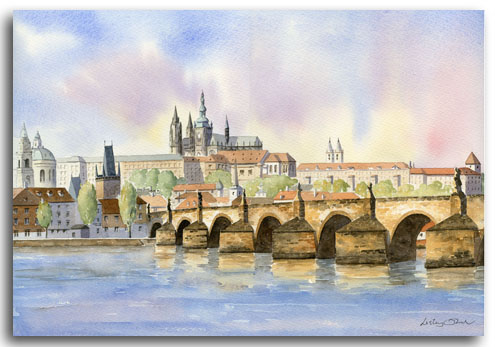 Original watercolour painting of Prague Castle by artist Lesley Olver